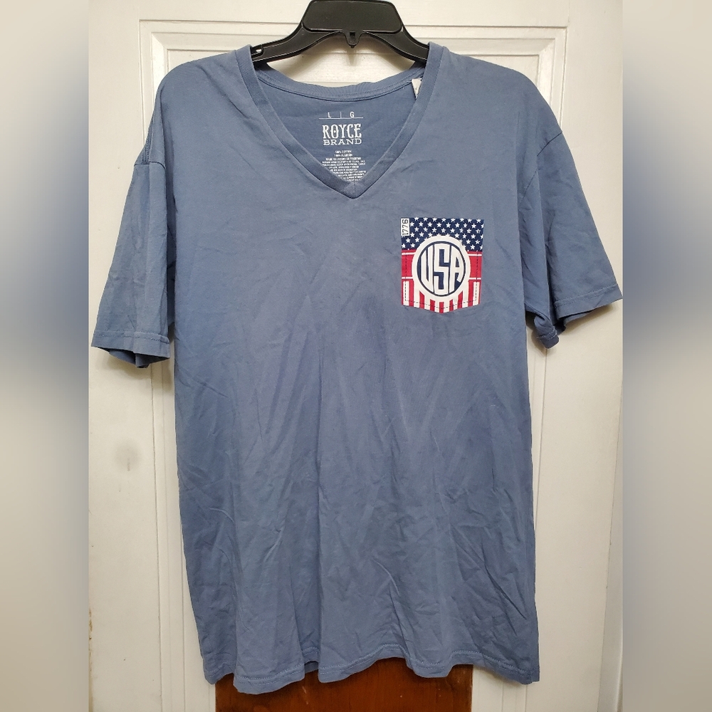 Royce Brand V Neck Blue Gray USA Tee Shirt Large